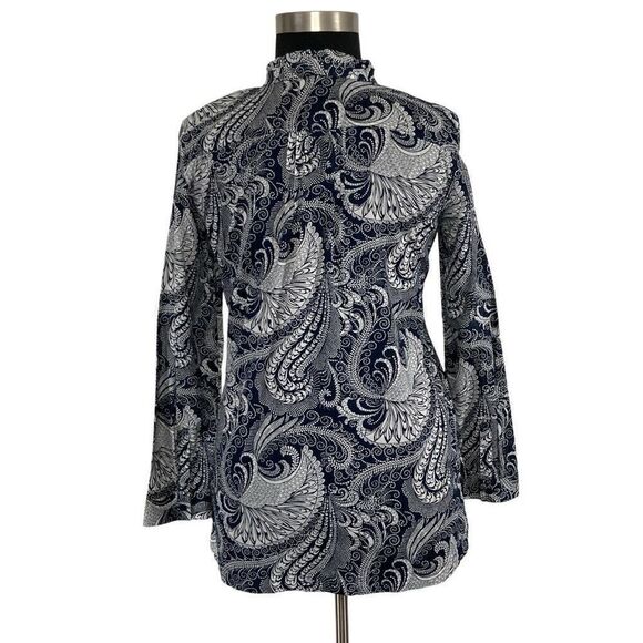 Talbots L Navy Paisley Button Down Top Pleated Oceanic Art to Wear Career Office - Picture 8 of 11